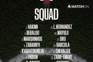 巴黎队名单：法比安重返首发，登贝莱阿什拉夫领衔出战里昂