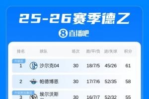 沙尔克04强势领跑德乙，剩4轮领先第3名6分直通德甲