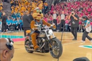 马刺吉祥物着机车造型巡场，队记：满场汽油香